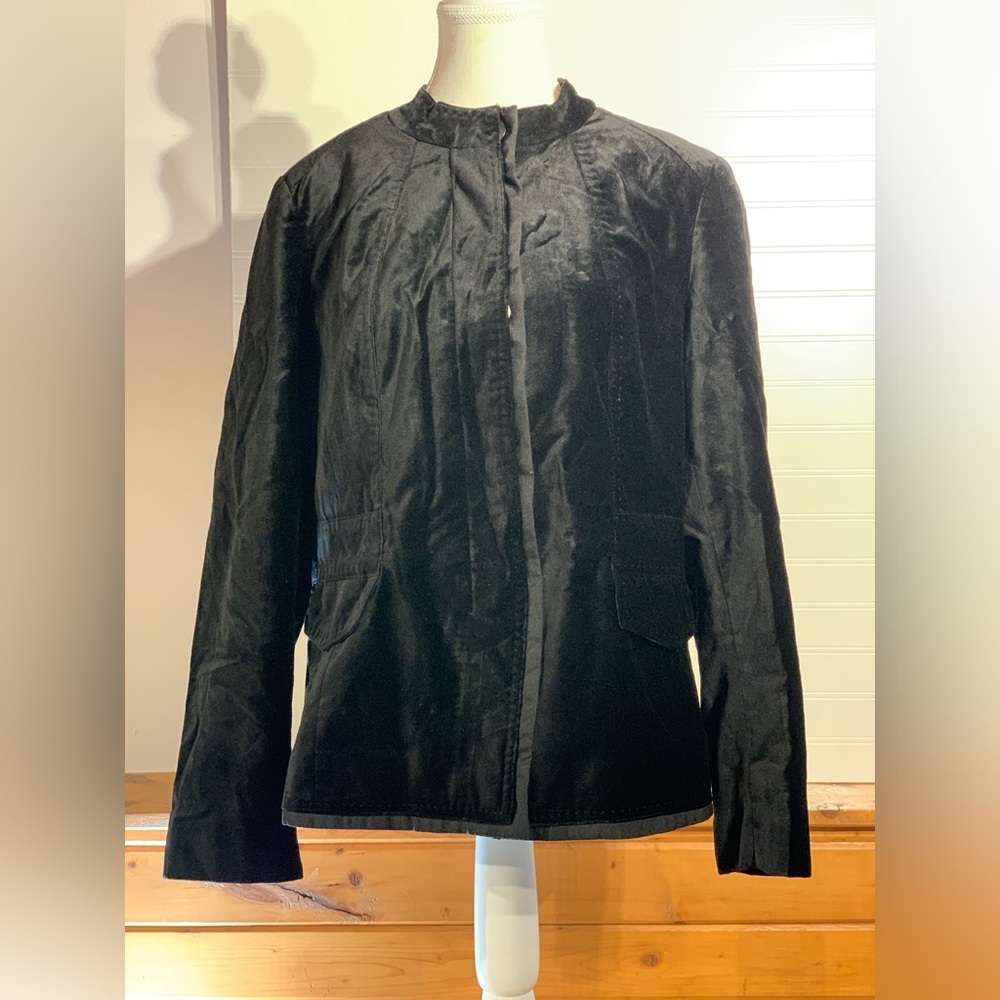 Women’s size 16 ColdWater creek black velvet Nehru collar‎ jacket hidden buttons - Picture 2 of 12